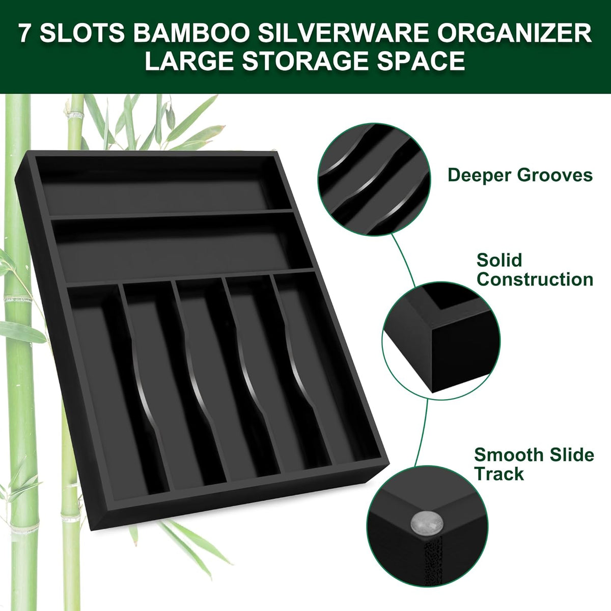 Bellsal Black Utensil Organizer 12.5 Inch Silverware Tray for Drawer Utensil Holder Cutlery