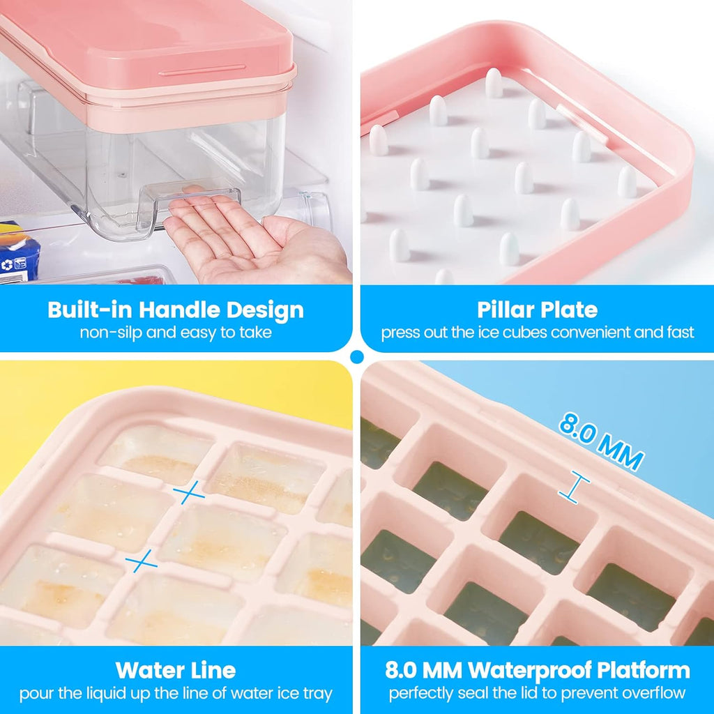 PHINOX Ice Cube Tray with Lid and Bin, 3 Pack Plastic Ice Cube Tray Molds, 96(4 * 8 * 3) pcs Ice