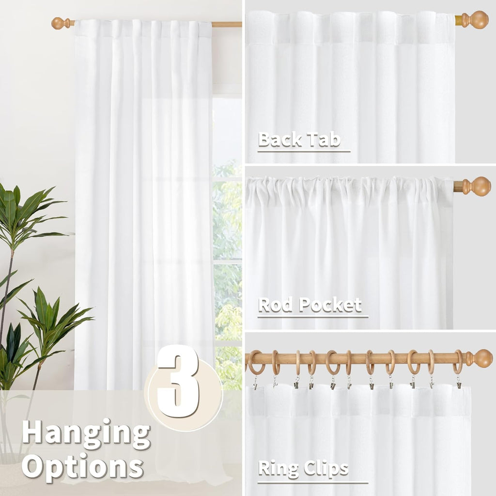 YoungsTex 72 Inch Length White Linen Curtains for Living Room 2 Panels, Rod Pocket Back Tab Semi