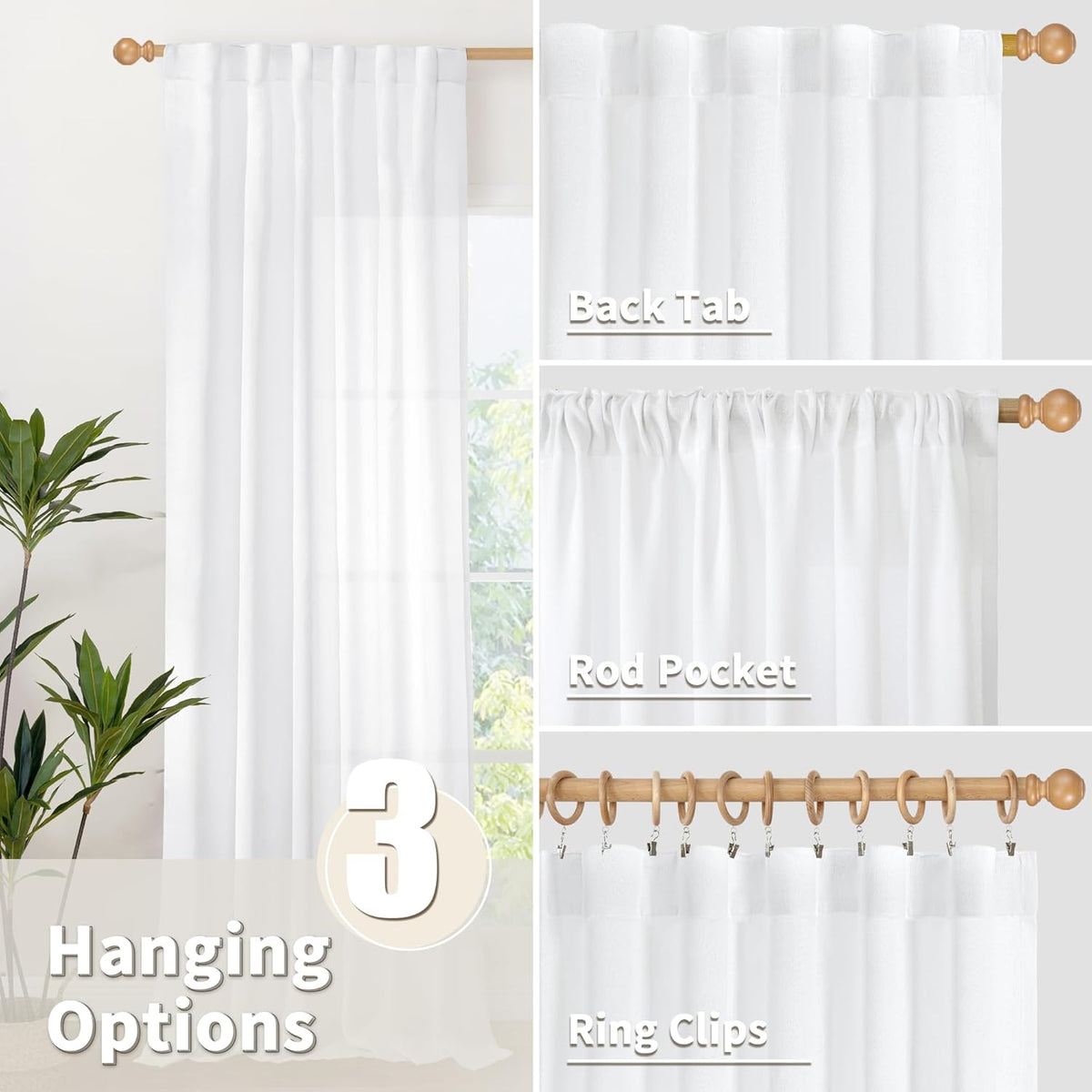 YoungsTex 72 Inch Length White Linen Curtains for Living Room 2 Panels, Rod Pocket Back Tab Semi
