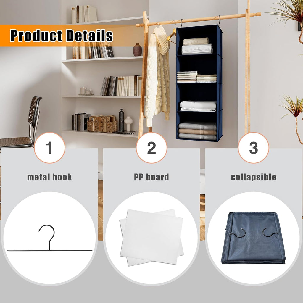 Hanging Closet Organizer - 4-Shelf, Easy Mount Foldable Wardrobe Storage Shelves for Clothes