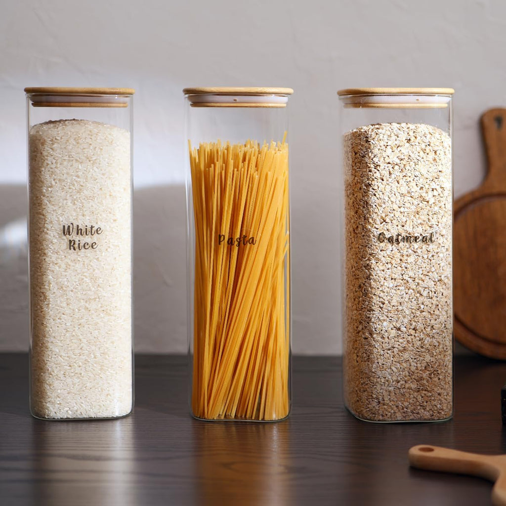 3 Pcs Square Glass Pantry Storage Containers with Bamboo Airtight Lid and 248 Clear Pantry Labels