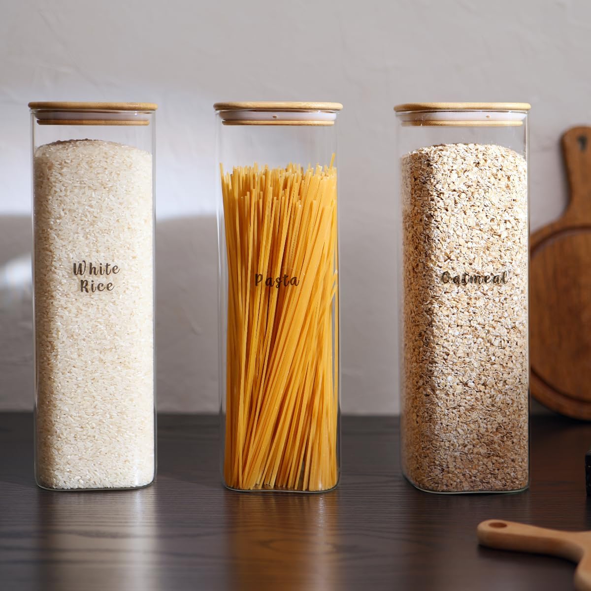 3 Pcs Square Glass Pantry Storage Containers with Bamboo Airtight Lid and 248 Clear Pantry Labels