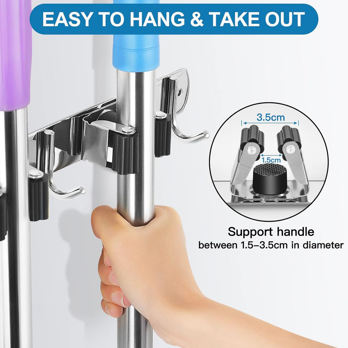 IMILLET Broom Holder Wall Mounted, Stainless Steel Broom Mop Holder Self Adhesive Heavy Duty Hooks