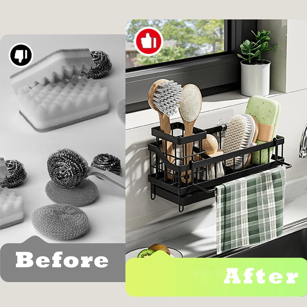 Sink Caddy kitchen Organzier with High Brush Holder, Wall-Mounted Sponge Holder for Sink