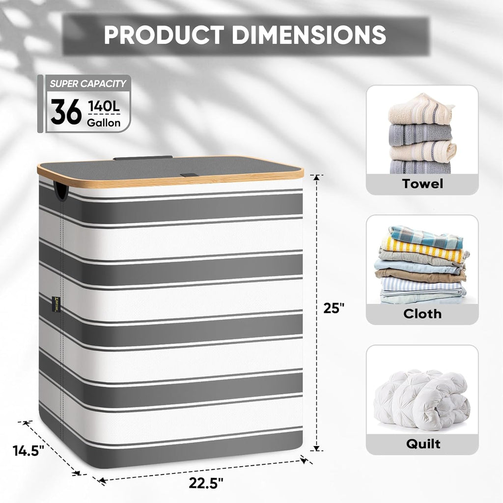BALEINE Laundry Hamper with Lid, Tall Laundry Baskets with Bamboo Pull Handles, Large Laundry Bin