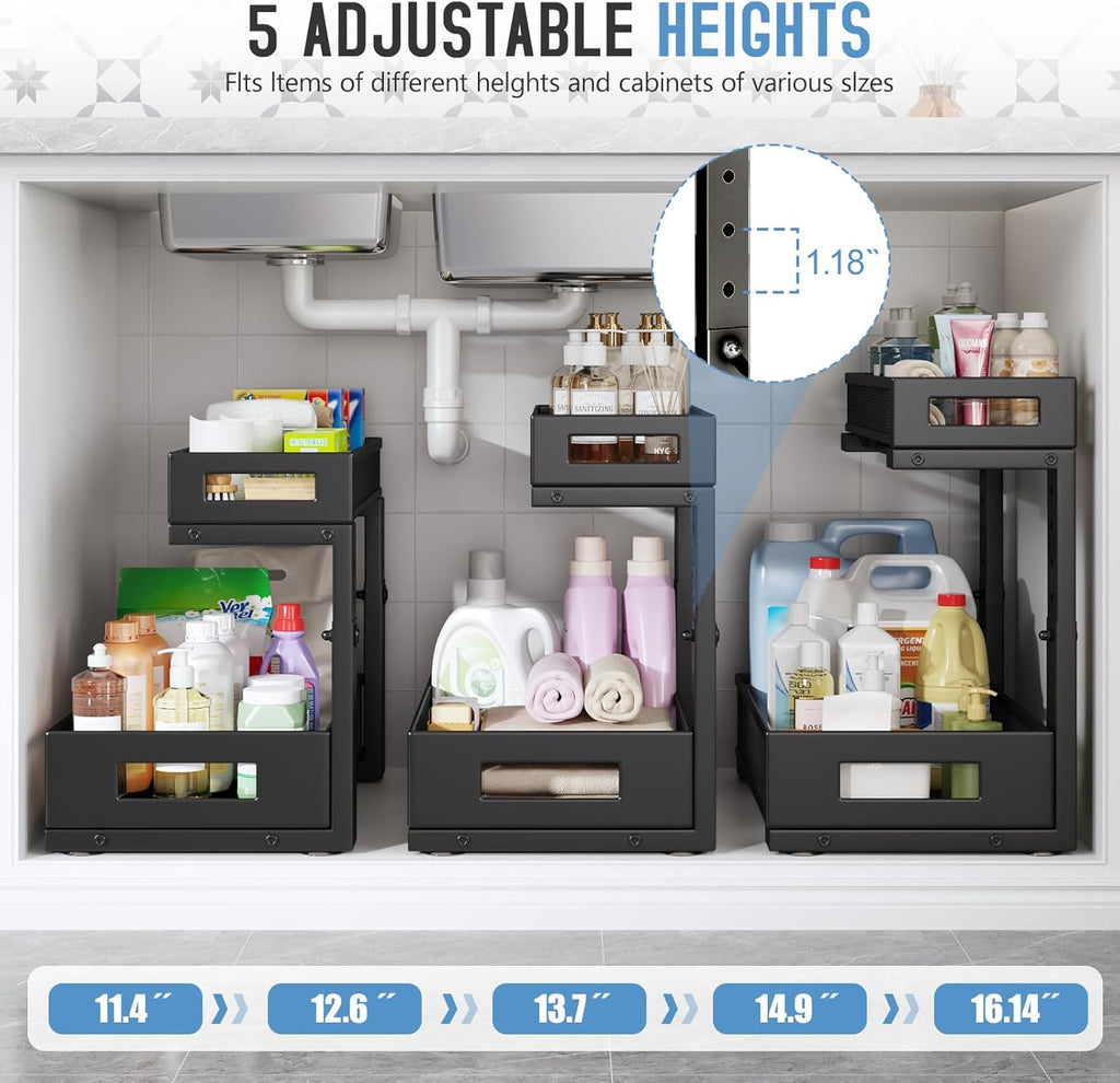 1 Pack-11.4"-16.14"H Under Sink Storage Organizer, Large 2-Tier Elegant Mesh Pull Out Shelf for