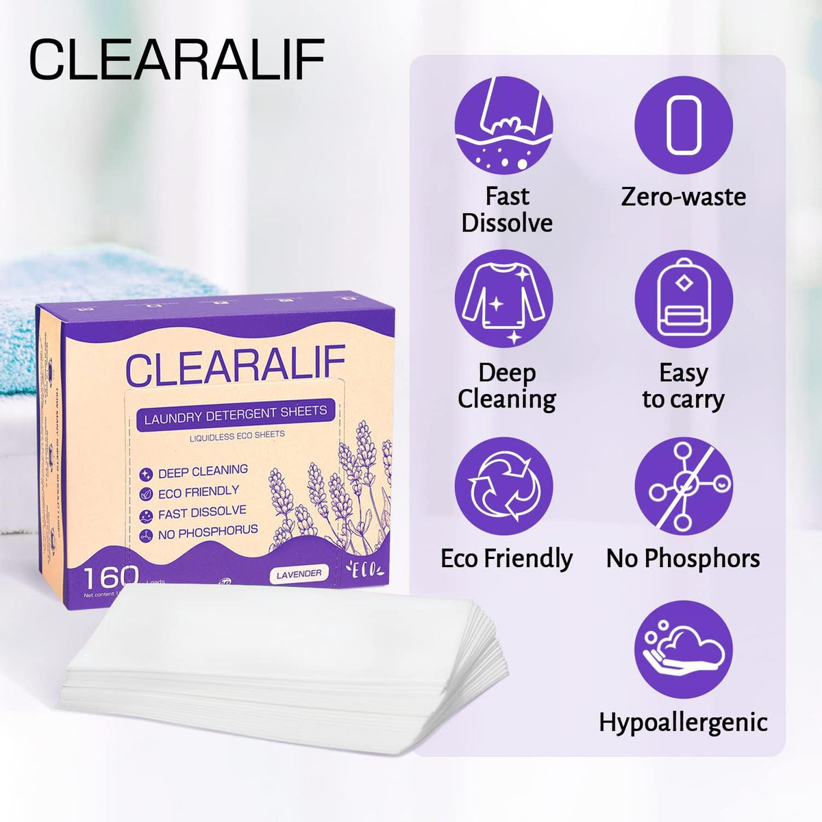 CLEARALIF Laundry Detergent Sheets 80 Sheets (Up to 160 Loads), Lavender - Great For Apartments