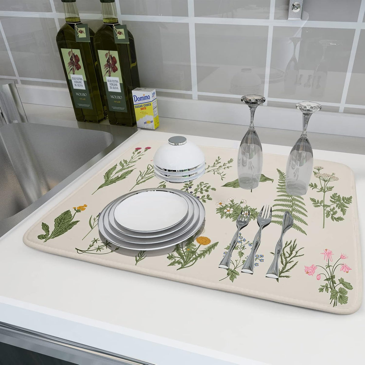 Sage Herb Dish Drying Mat For Kitchen Counter 18x24 In Leaves Microfiber Absorbent Dishes Pad Wild