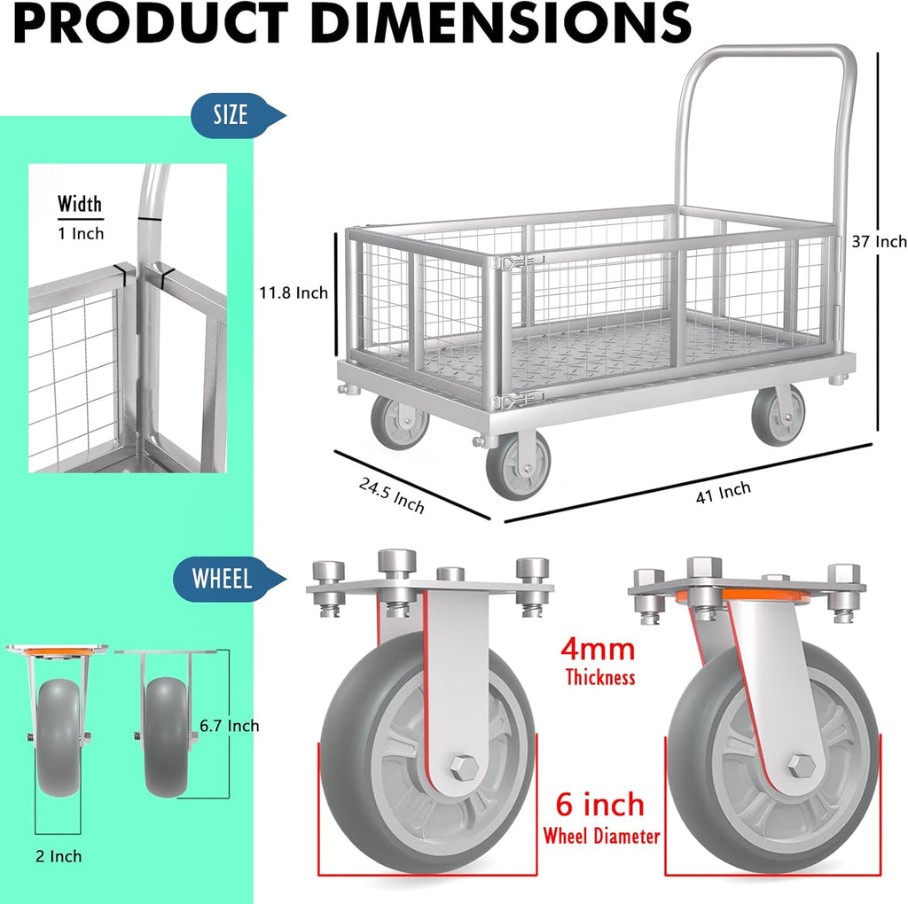 4-in-1 Platform Truck Cart with Cage, Multi-Purpose Heavy Duty Steel Flatbed Cart with 2200lbs