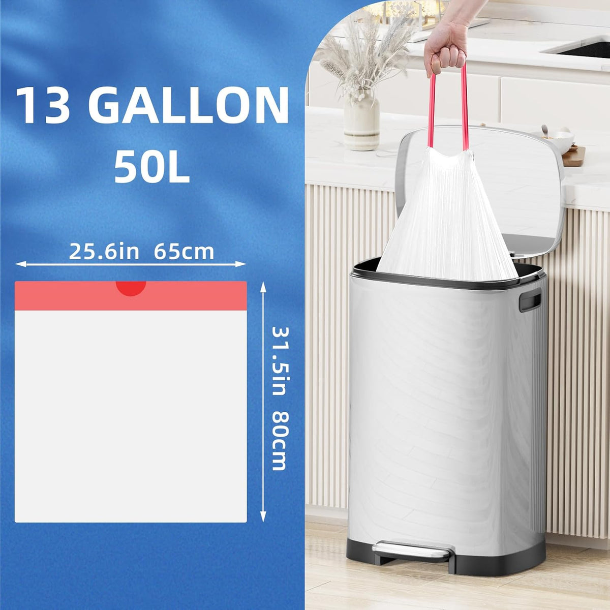 13.2 Gallon Tall Kitchen Drawstring Trash Bags, 120 Count Pre-separated Garbage Bags, Unscented