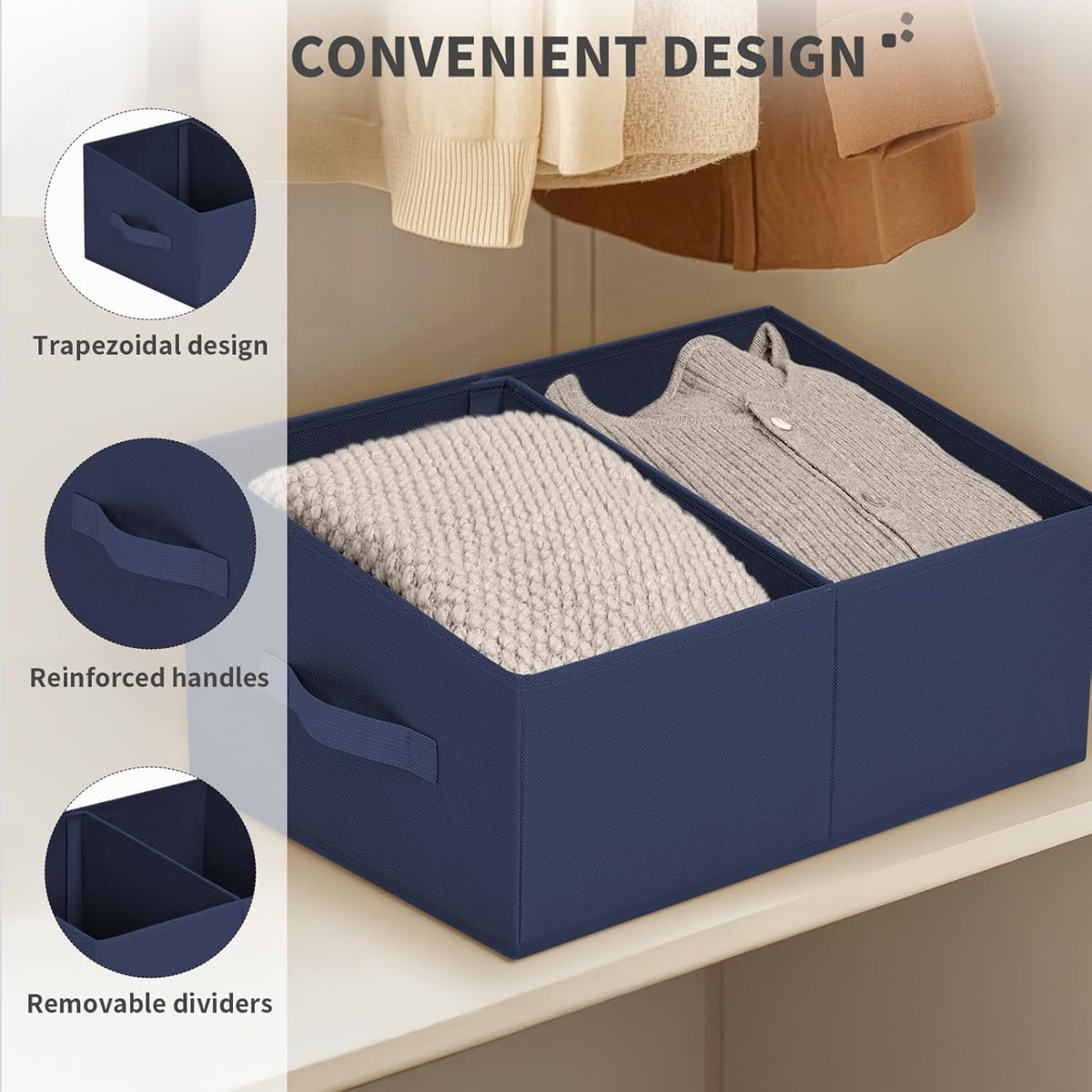 DIMJ Large Closet Shelf Organizer Bins 6 Packs with Handles and Divider, Fabric Trapezoid Storage