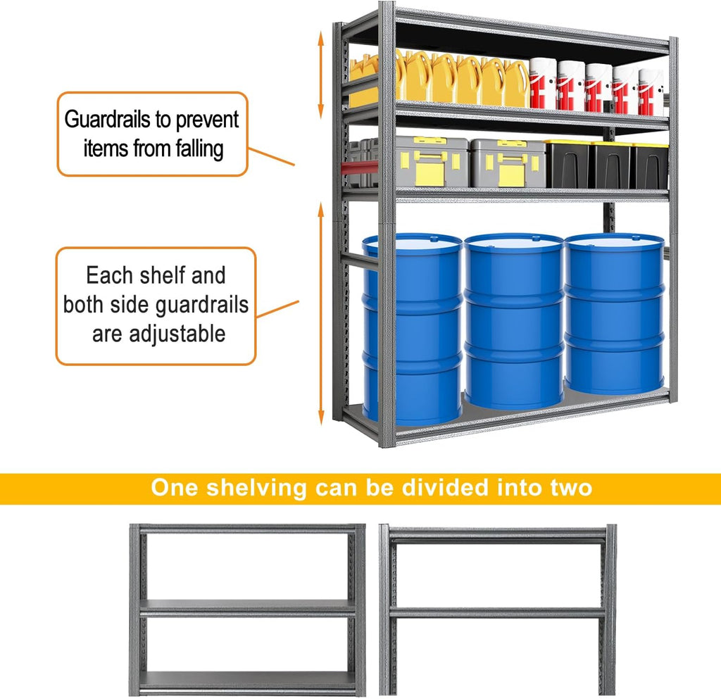 Storage Shelf 5-Tier Garage Shelving, Industrial Shelving with Guardrails, 2500LB Boltless Metal