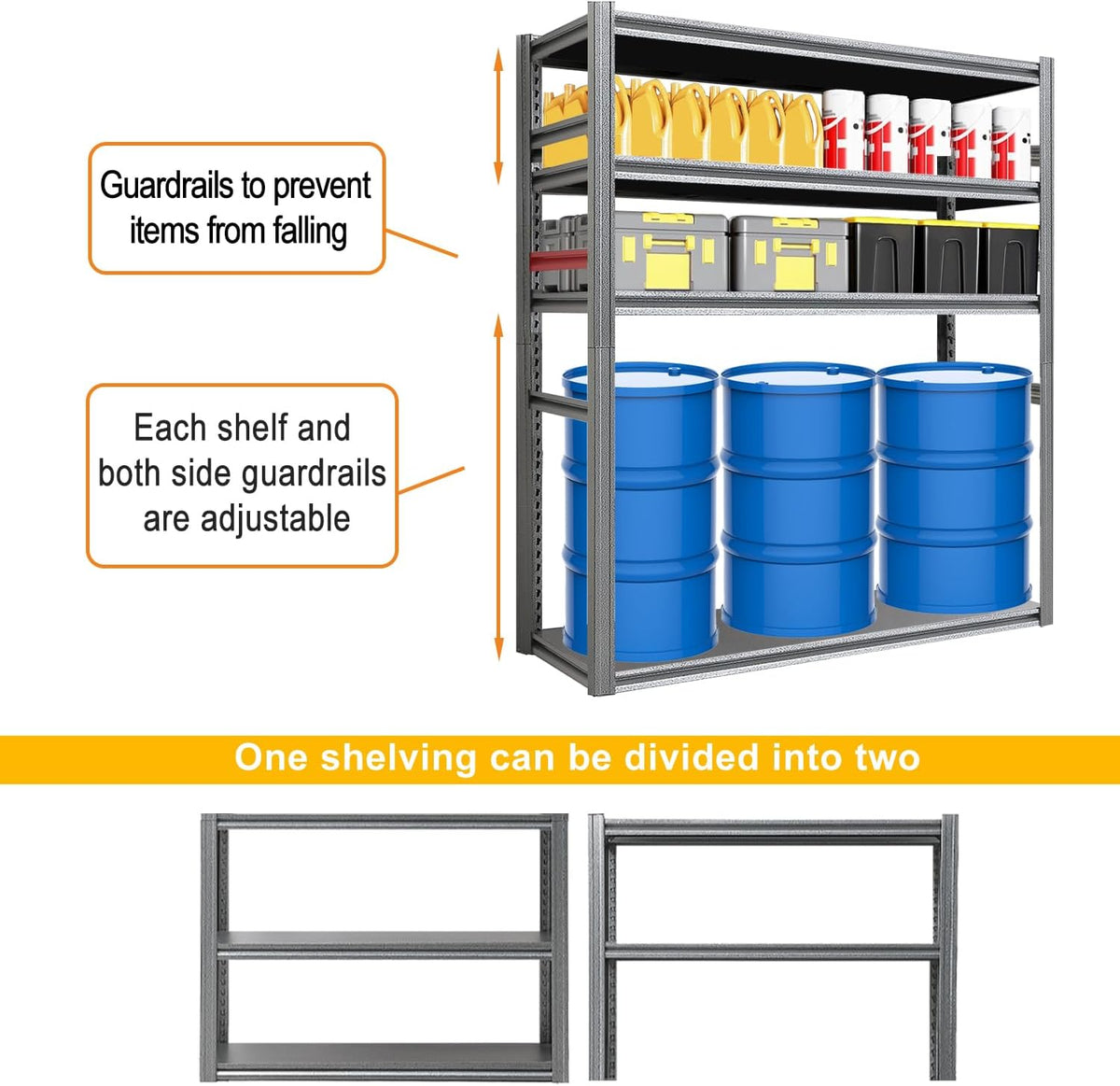 Storage Shelf 5-Tier Garage Shelving, Industrial Shelving with Guardrails, 2500LB Boltless Metal