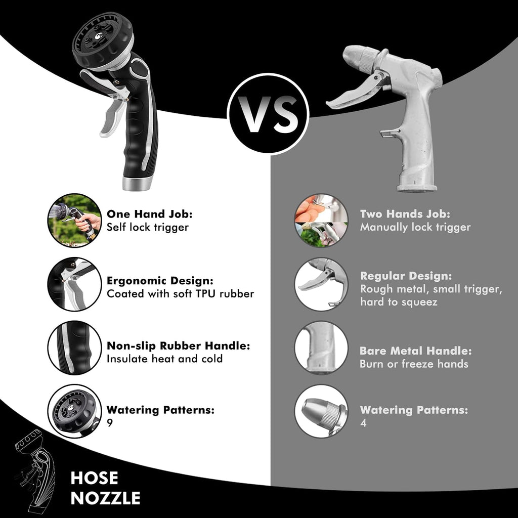 RESTMO Hose Nozzle with Easy Self-Lock Trigger, Heavy Duty Metal Water Hose Sprayer with 9 Spray
