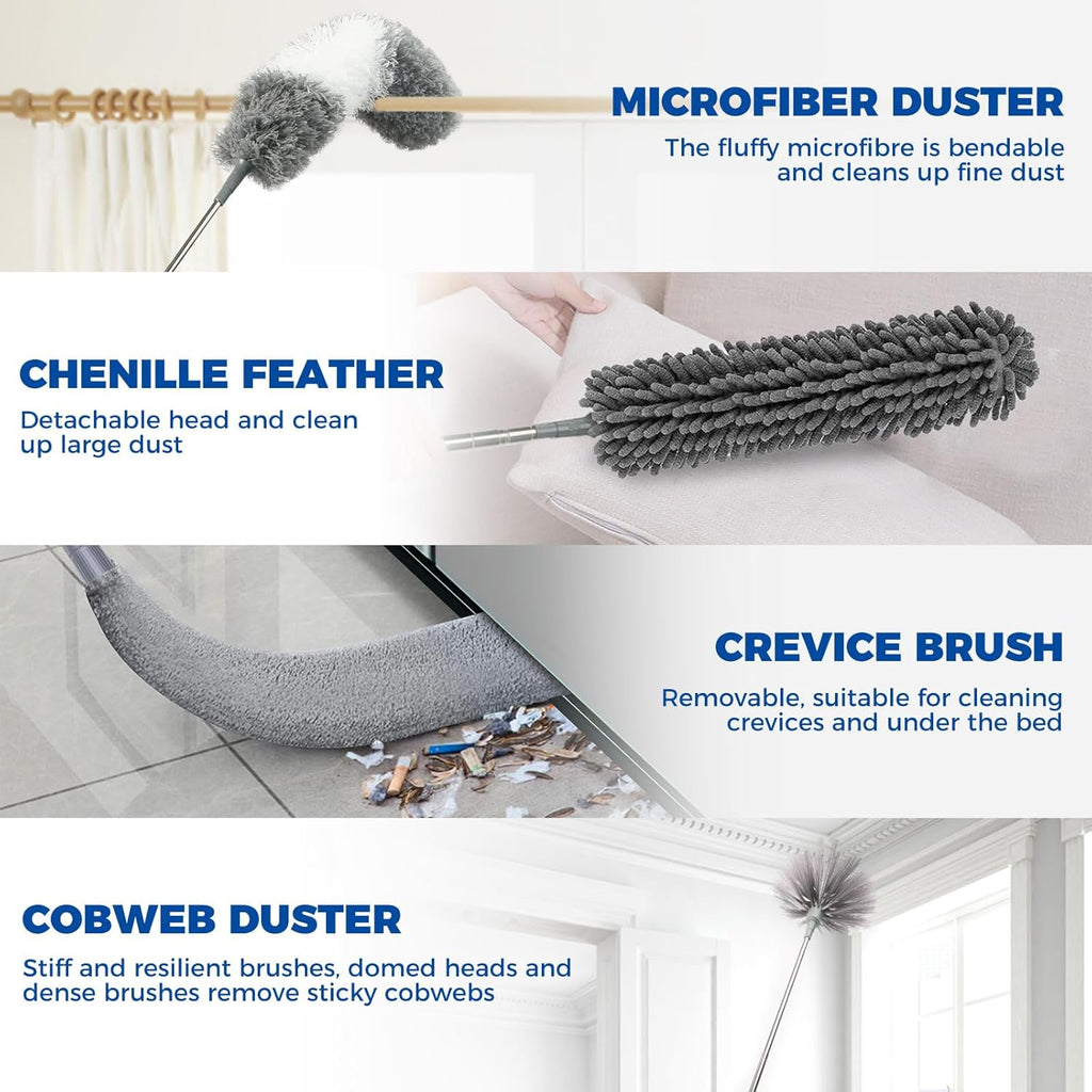 9Pcs Dusters for Cleaning Kit, Extendable Microfiber Duster Tools with 100" Long Pole, Retractable