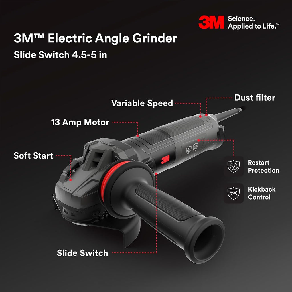 3M Electric Angle Grinder, 11131, VS, 6 in Paddle Switch, 13-Amp, 120V, for Cutting, Grinding