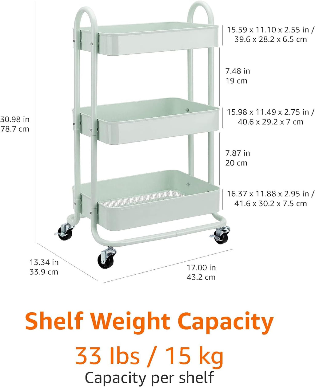 Amazon Basics 3-Tier Metal Rolling Utility or Kitchen Cart - Mint Green