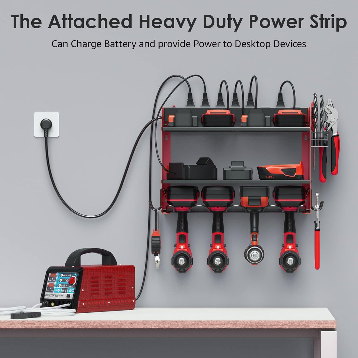 CCCEI Set Power Tool Organizer Wall Mount with Charging Station. Garage 8 Drills Storage Shelf with