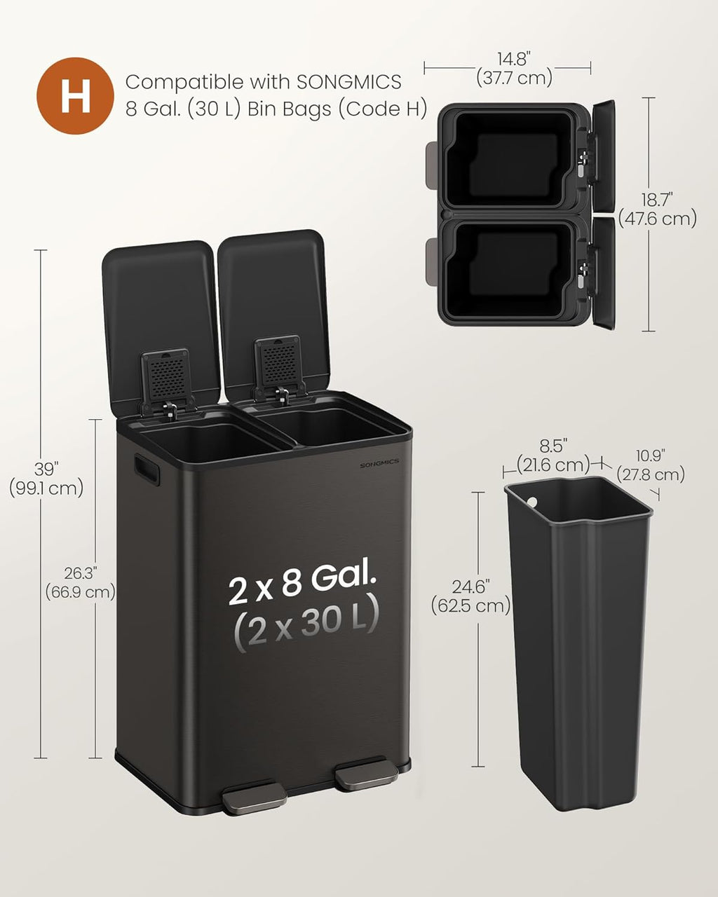 SONGMICS Trash Can, 2 x 8 Gallon (2 x 30 L) Dual-Compartment Garbage Can with Soft-Close Lid, Pedal