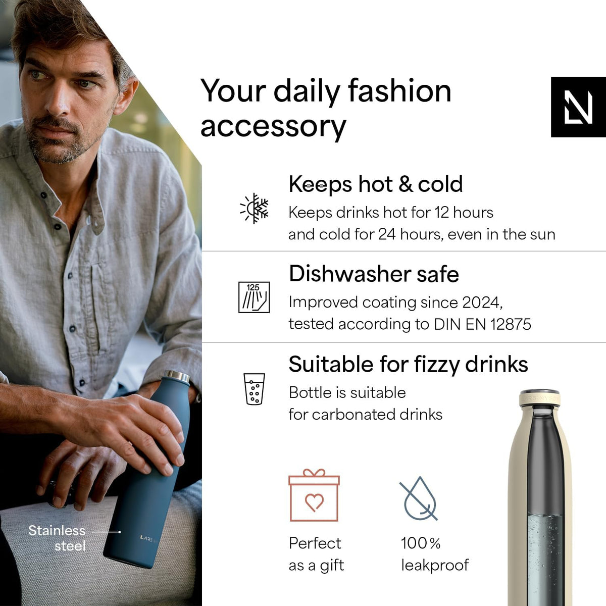 LARS NYSØM Stainless Steel Insulated Water Bottle 12oz 17oz 25oz 34oz 51oz | Insulated Thermo Flask