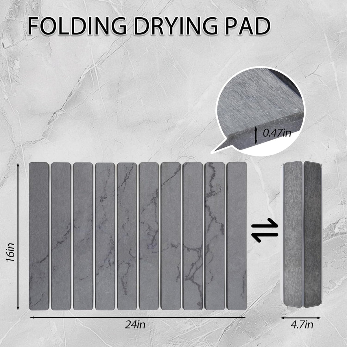 Stone Drying Mat for Kitchen Counter 24"×16" ,Large Dish Drying Mat with Drainage Grooves, Non-Slip