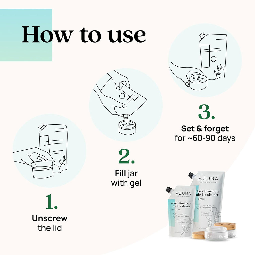 Azuna Air Freshener & Odor Eliminator Gel 4 Room Kit, Includes (4) 8 oz. Empty Luxe Glass Jars & 24