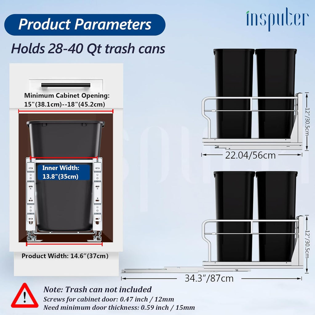 Insputer Dual Pull Out Trash Can Under Cabinet with Soft-Close Slides, Heavy Duty Under Sink Trash