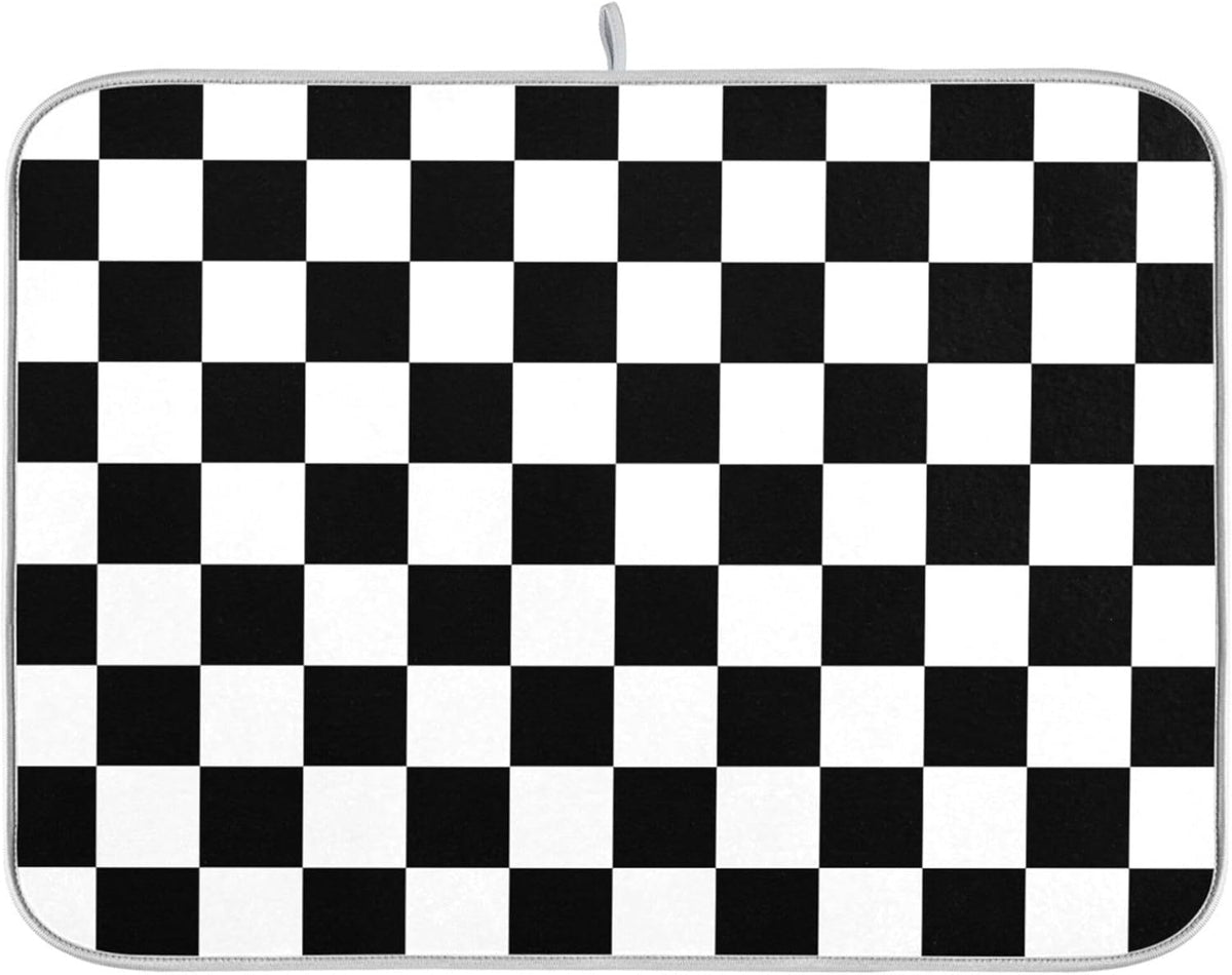 Black White Chessboard Dish Drying Mat for Kitchen Countertop 16x18 Plaid Checkered Rectangle Small