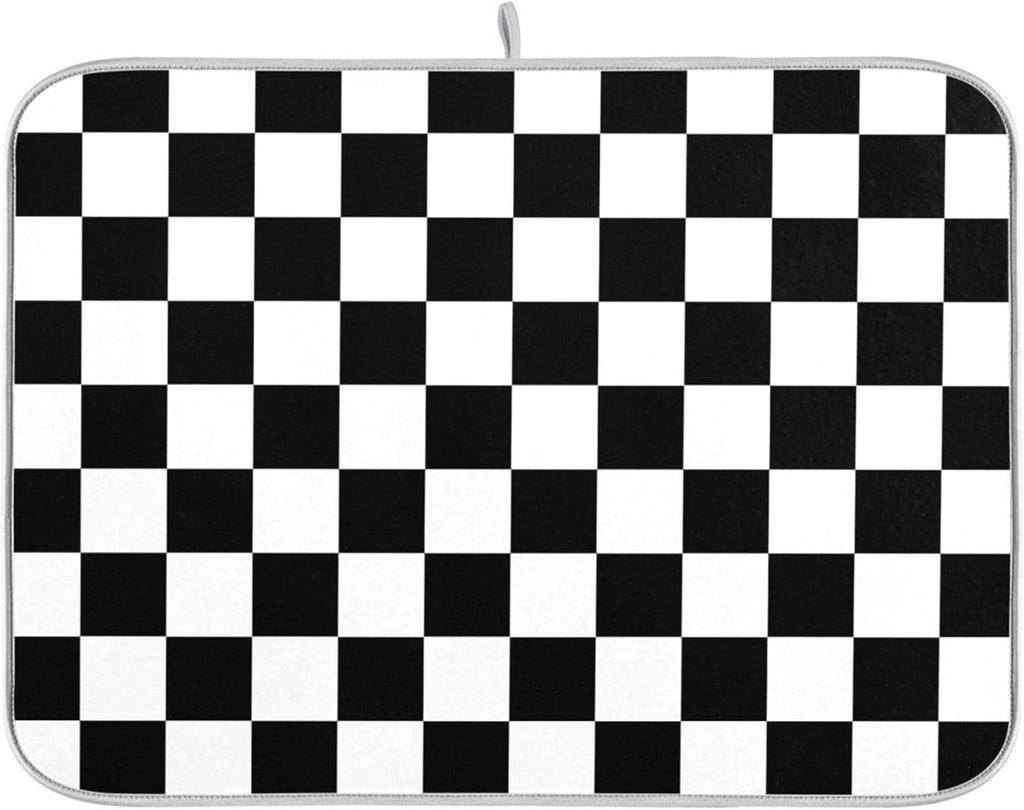Black White Chessboard Dish Drying Mat for Kitchen Countertop 18x24 Plaid Checkered Rectangle Large