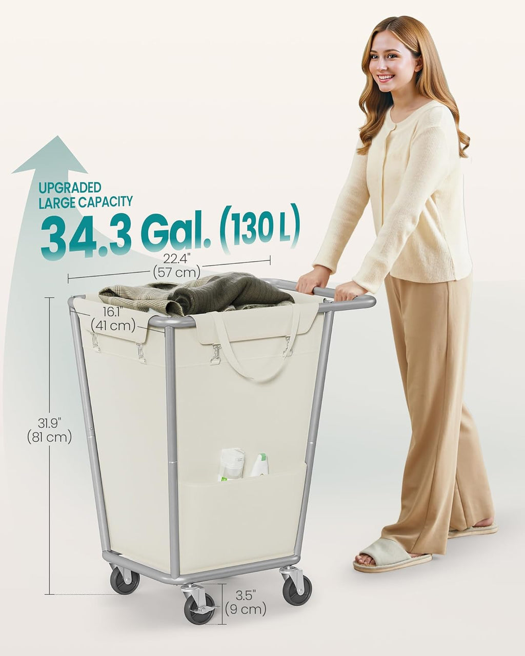 SONGMICS Laundry Basket with Wheels, 34.3 Gallons (130 L) Rolling Laundry Hamper with Removable