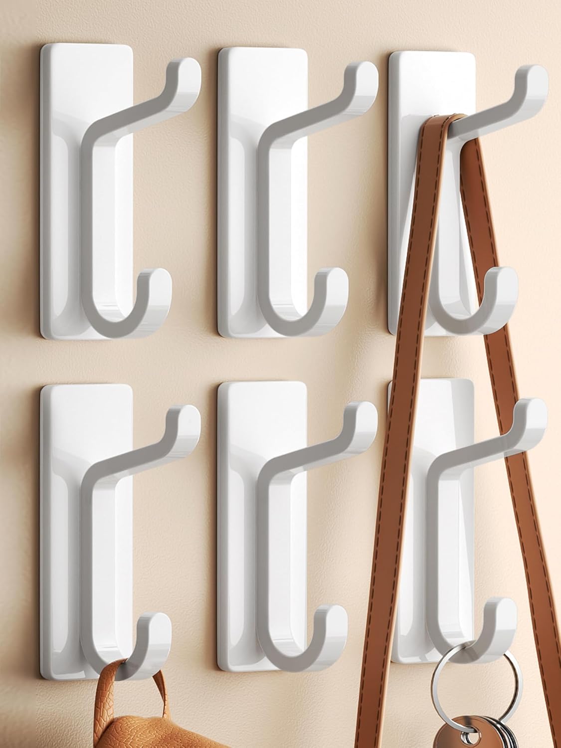 Wall Hooks for Coat and Towel: 13LB Adhesive Door Hanger Stick on, White 6 Pack