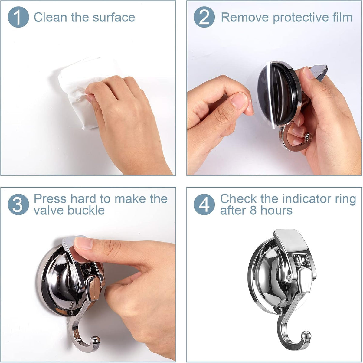 Heavy Duty Vacuum Suction Cup Hooks, Silver Plated Polished Super Suction for Kitchen Bathroom, 2