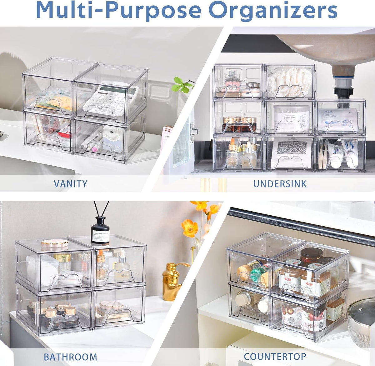 Plastic Drawers Storage, 4 Pack Clear Stackable Storage Drawers, Acrylic Storage Bins with Drawers