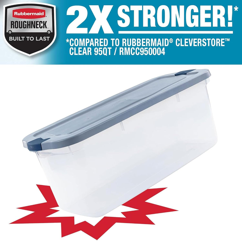 Rubbermaid Roughneck Clear 95 Qt/23.75 Gal Storage Containers, Pack of 4 with Latching Grey Lids