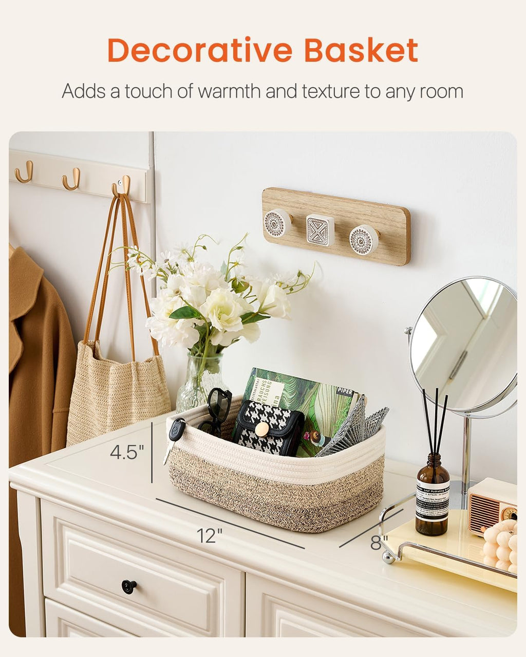 Small Woven Basket, 12 x 8 x 4.5 Inches, Storage Basket for Organizing, Cute Small Rope Shelf