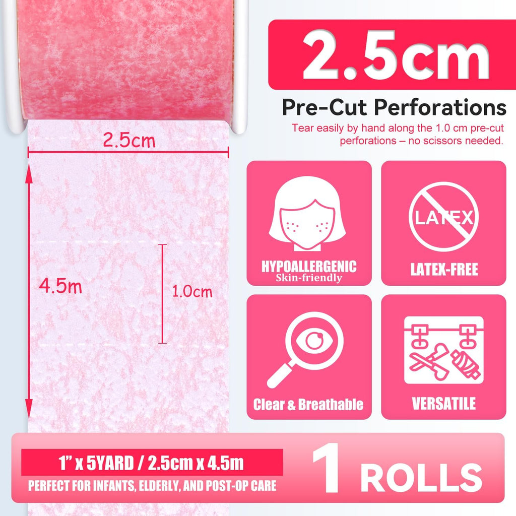 FRESINIDER Silicone Tape 1" x 5 Yard Pink 4 Rolls for Sensitive Skin, Pre-Cut Waterproof Medical
