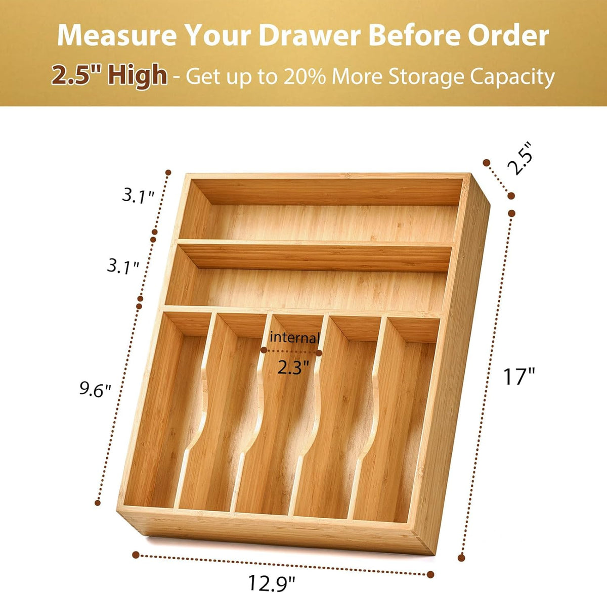 Umilife Bamboo Kitchen Drawer Organizer, 13 Inch Silverware Utensil Tray Holder, Extra Deep Grooved