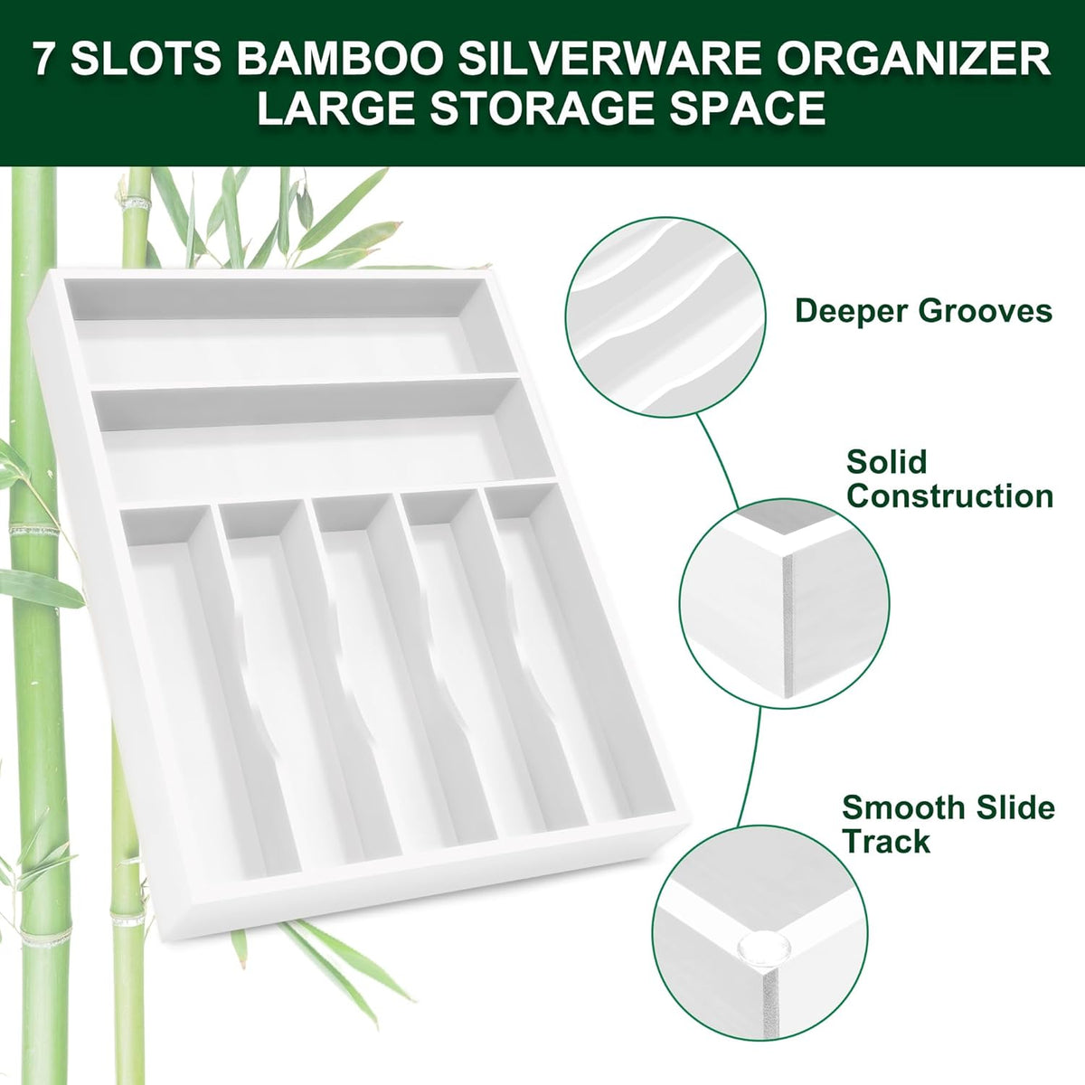 Bellsal White Utensil Organizer 12.5 Inch Silverware Tray for Drawer Utensil Holder Cutlery