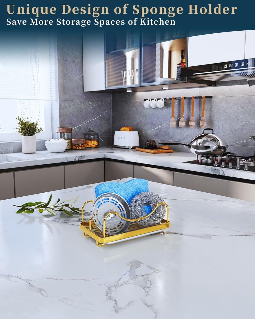 Consumest Sponge Holder for Kitchen Sink - Movable Sink Caddy for Countertop Organizer, 304