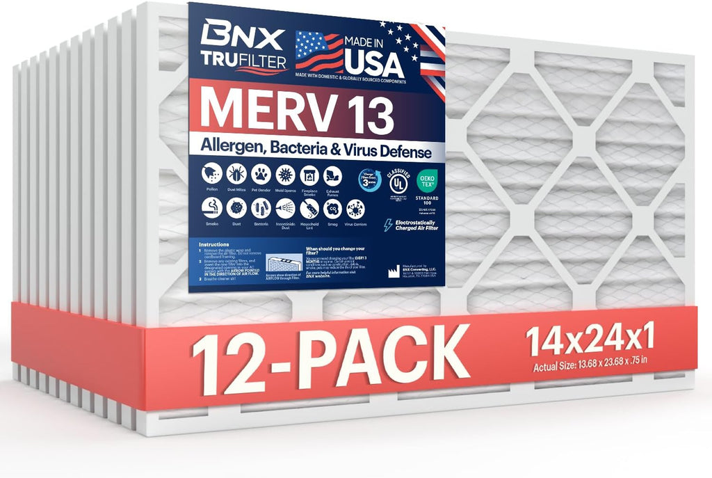 BNX TruFilter 14x24x1 Air Filter MERV 13 (12-Pack) - MADE IN USA - Electrostatic Pleated Air
