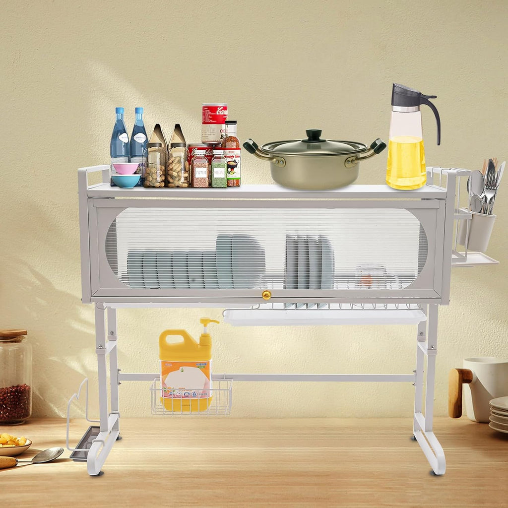 3 Tier Over The Sink Dish Drying Rack W/Clear Cabinet Door, Adjustable Dish Drainer Rack, White