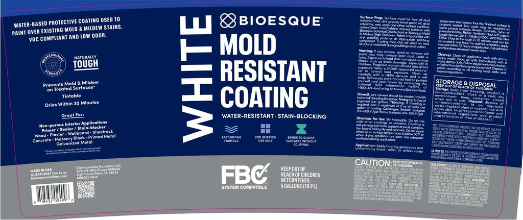 Bioesque Mold Resistant Coating, Water-Resistant, Stain-Blocking, Fast-Drying Formula, White, 5