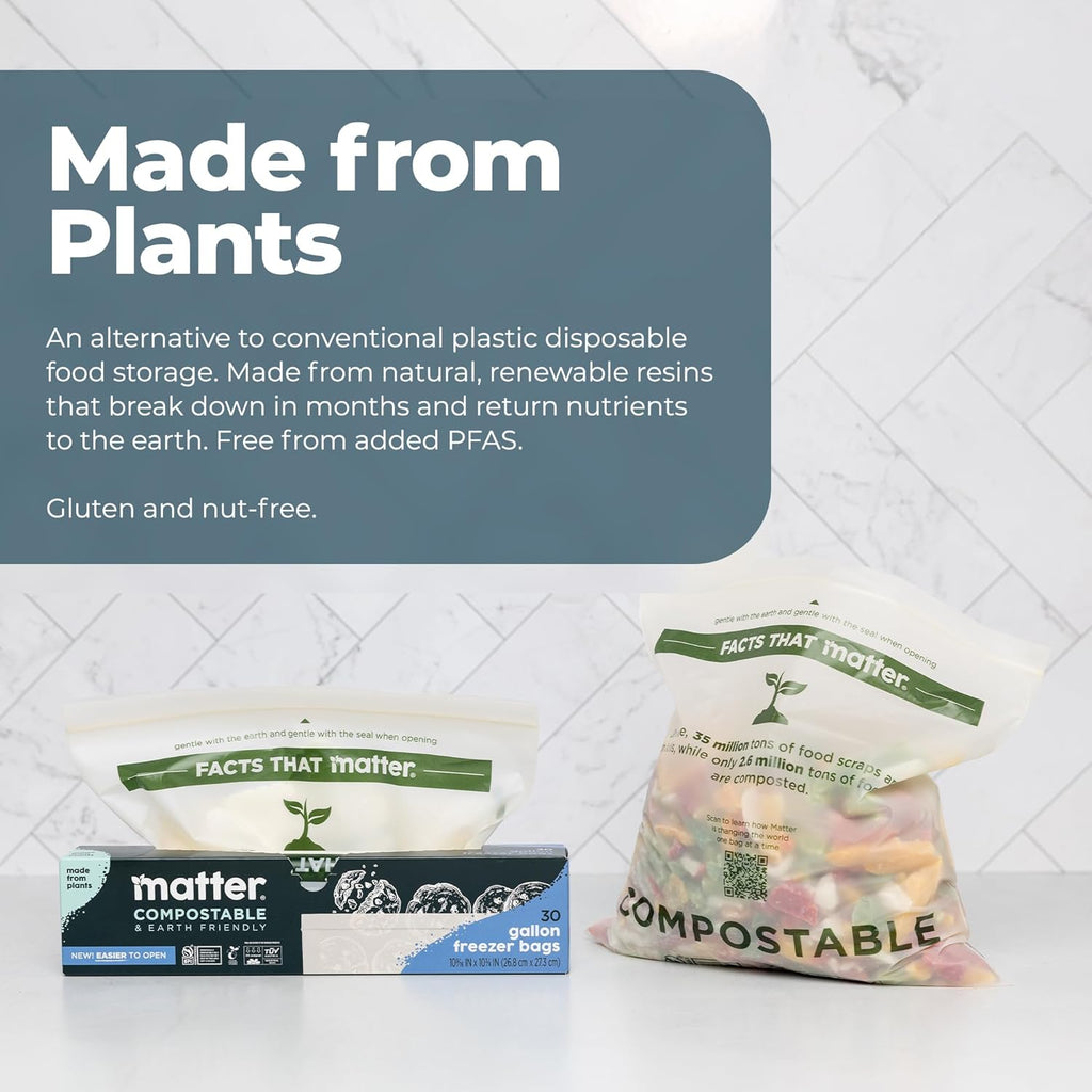 Matter Compostable Gallon Freezer Bags for Food Storage, Eco-Friendly, Resealable, Food Storage