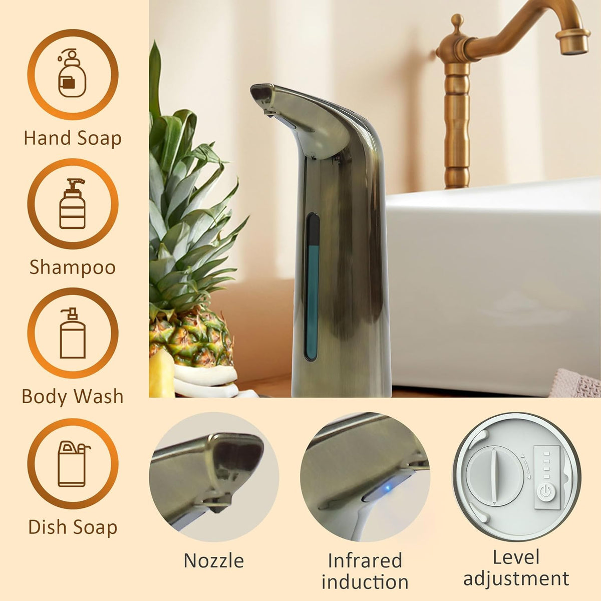 Automatic Liquid Soap Dispenser Touchless,400ML Modern Dish Soap Dispenser with Sensor,4 Gear