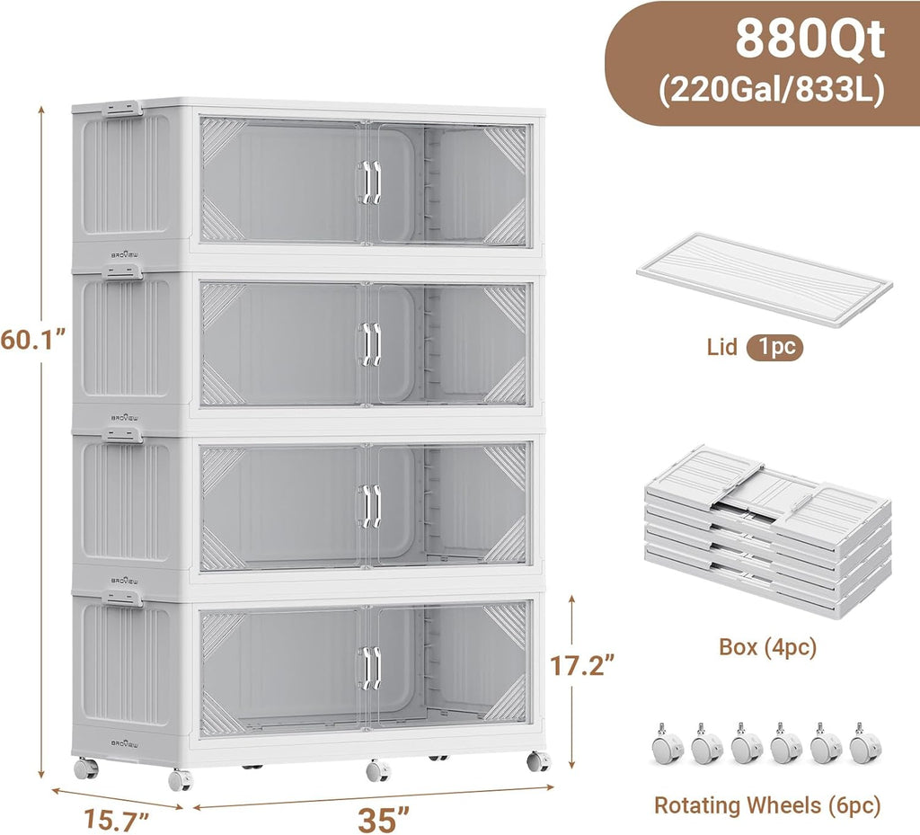 220Gal Plastic Stackable Storage Bins with Lid, 880QT Extra Large Closet Organizers Collapsible