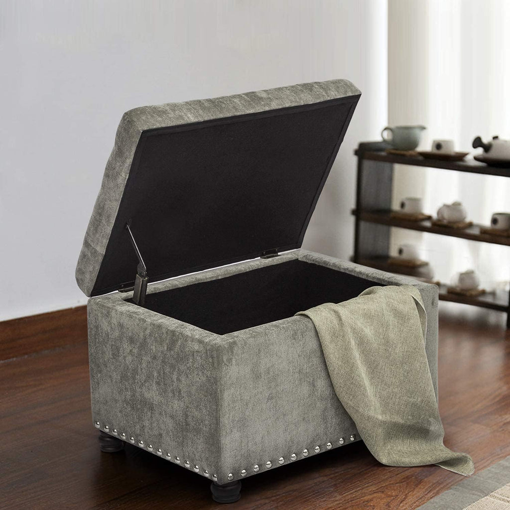 Joveco Storage Ottoman Foot Rest Stool, 24" Velvet Footstool Bench for Living Room Bedroom, Light
