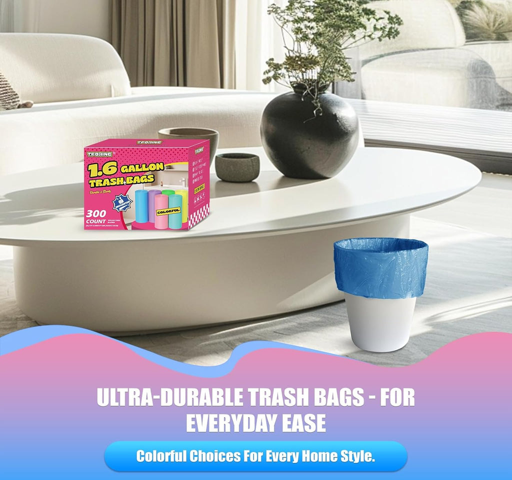 300 Count 1.6 Gallon Mini Trash Bags - 6 Liter Colored Small Garbage Bags Unscented Mini Can Liners