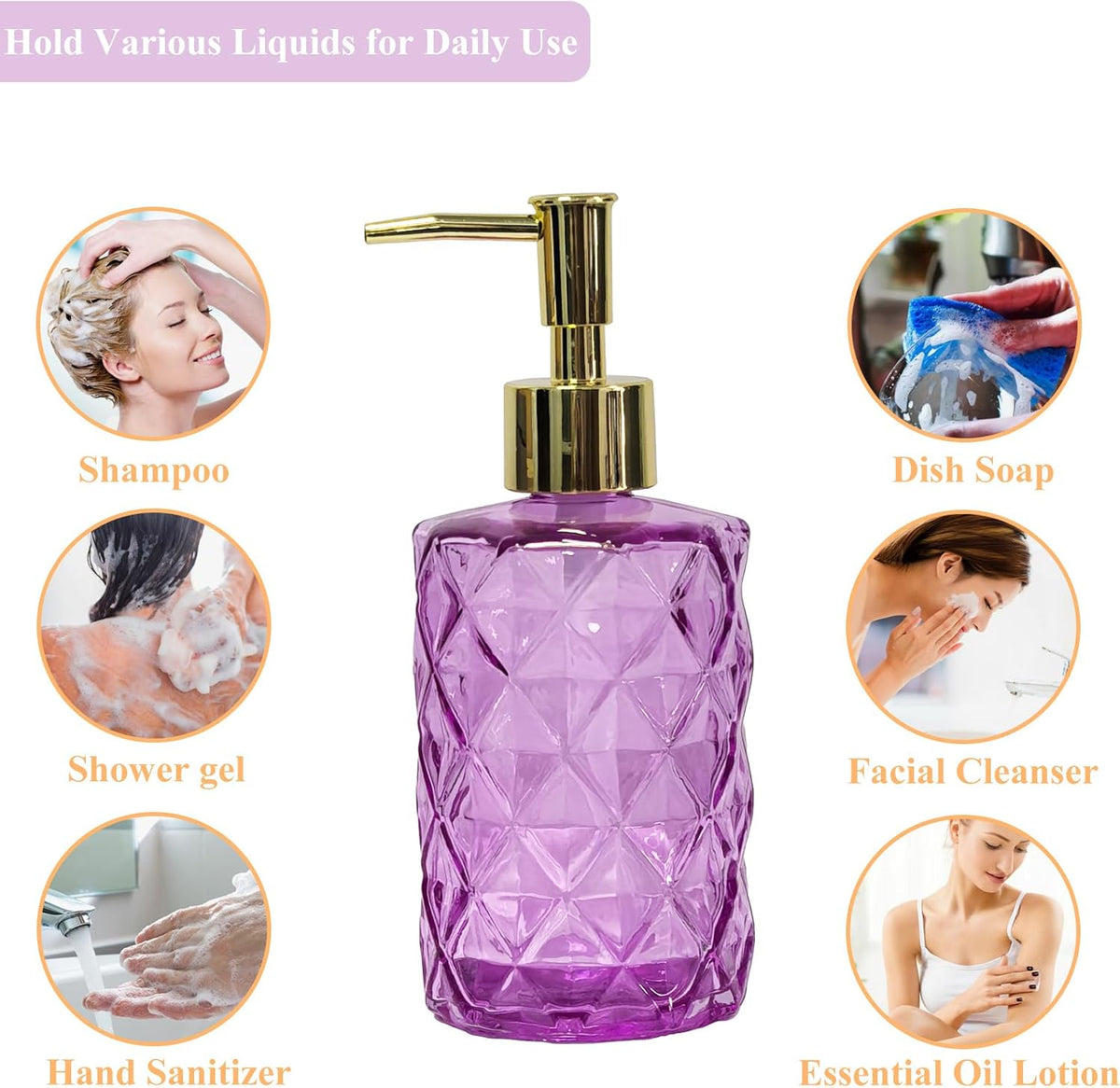 Glass Soap Dispenser with Gold Plastic Pump, 12oz Refillable Liquid Hand Soap Dispenser, Crystal
