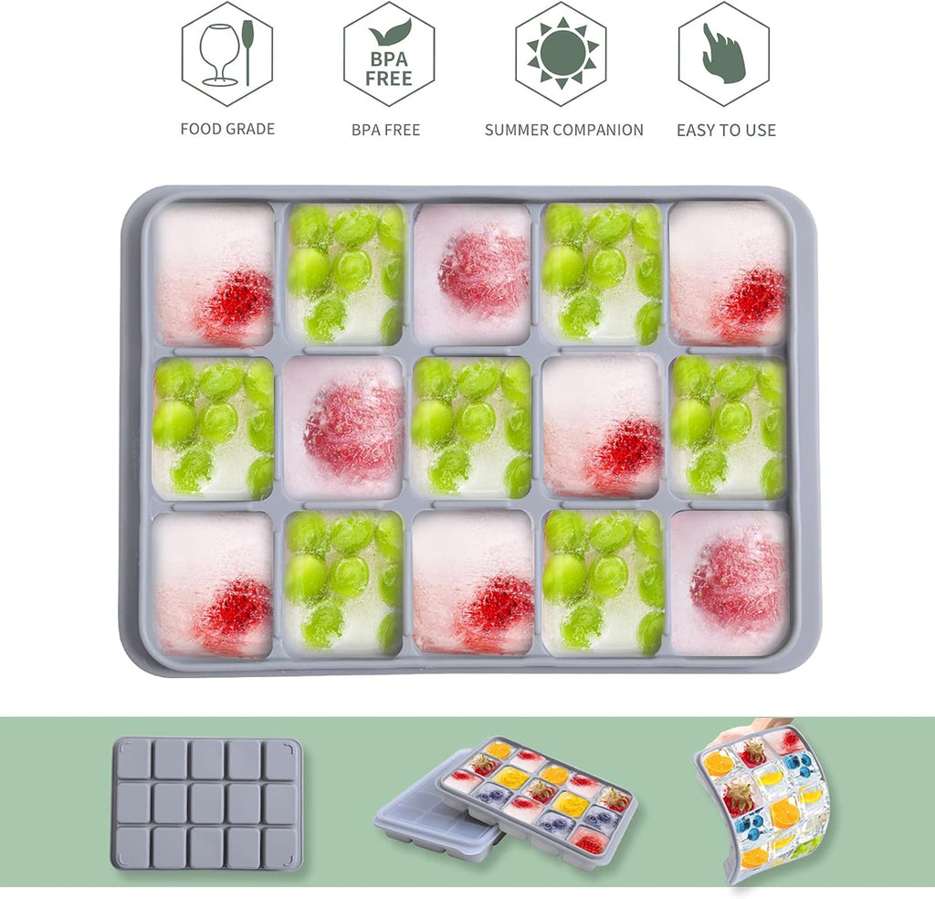 Ice Cube Trays Set of 2, Easy Release 15 Flexible Silicone Ice Cube Molds with Removable Lid